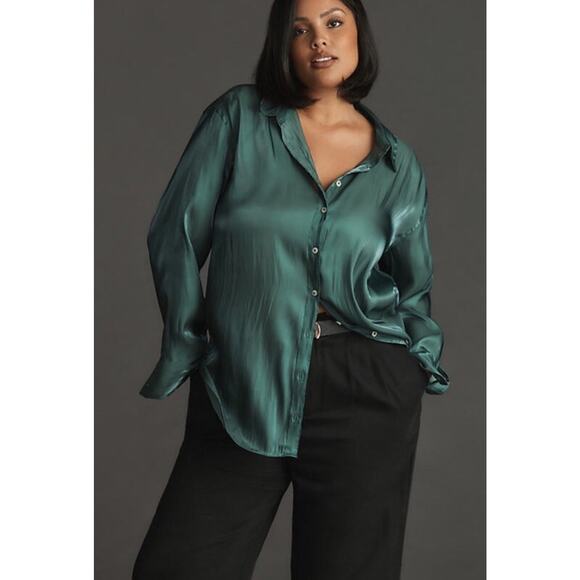 Anthropologie Silky Iridescent Button Up Green Long Sleeve Shirt Plus 3X - Picture 2 of 14
